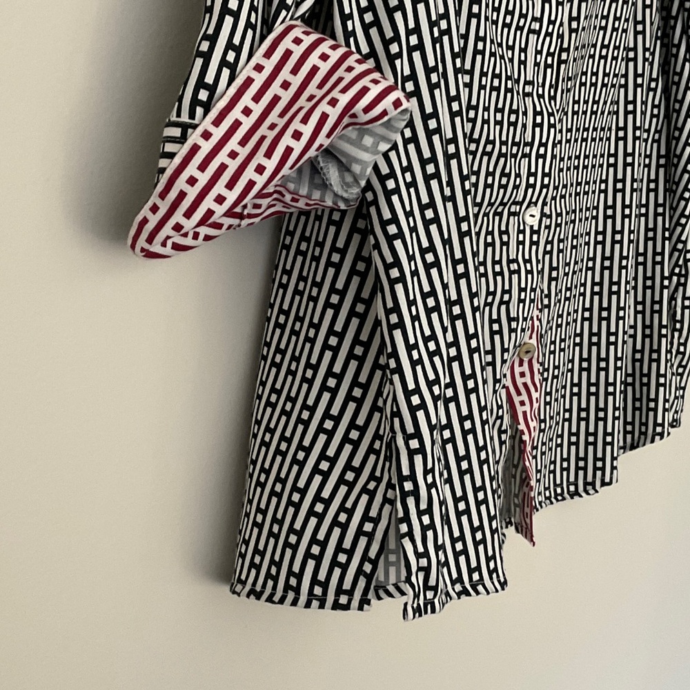 Foxcroft Black and White with Red Accents Button Down Shirt Wrinkle-Free - Picture 3 of 5